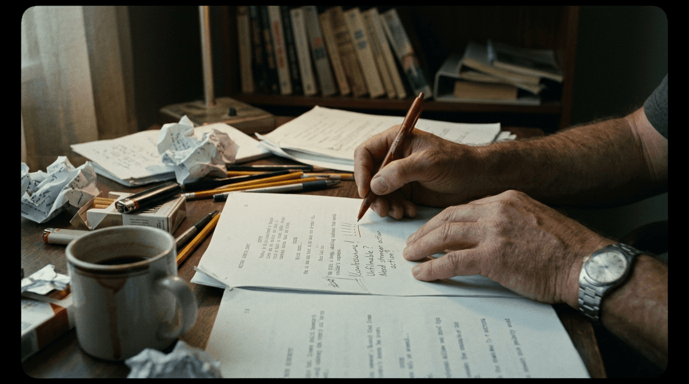 Cinematic workflow still, second angle, 35mm film grain