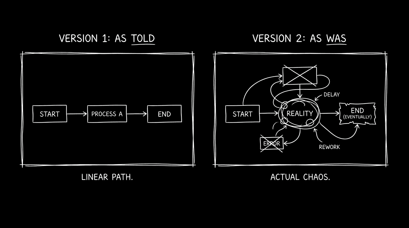 Two versions of same event: one "as told," one "as was"; dark mode technical sketch