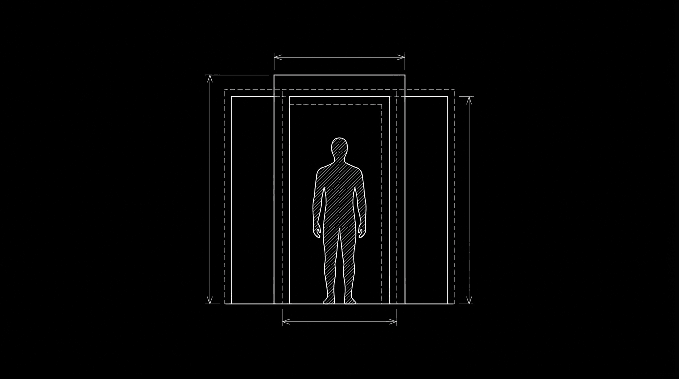 Single figure between two overlapping doorways; dark mode technical sketch