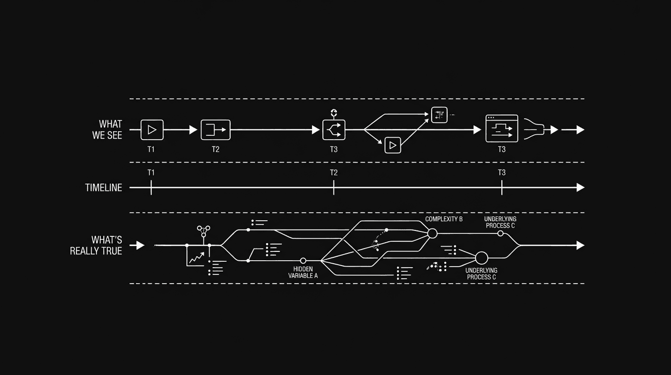 Timeline with two parallel tracks: “what we see” and “what’s really true”; dark mode technical sketch