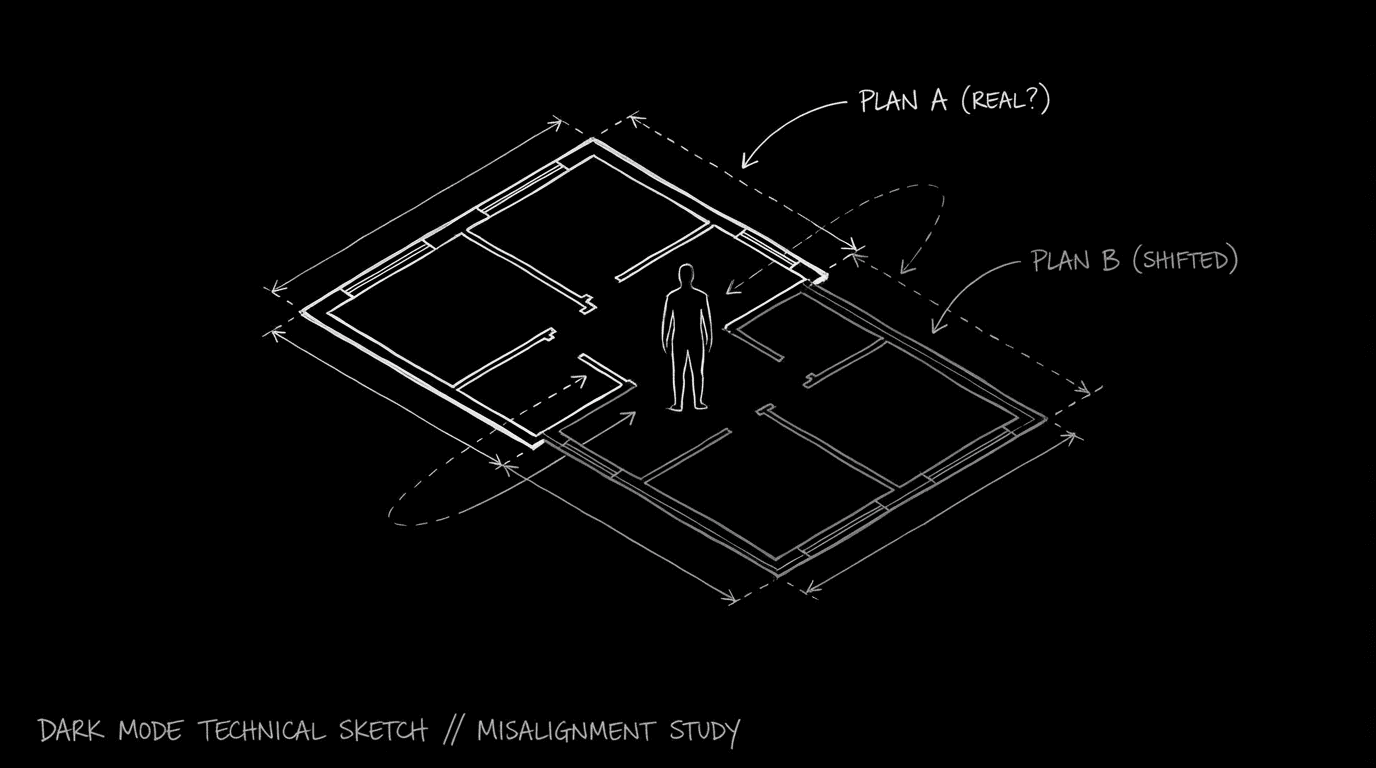 Unreliable reality: two overlapping spaces; dark mode technical sketch