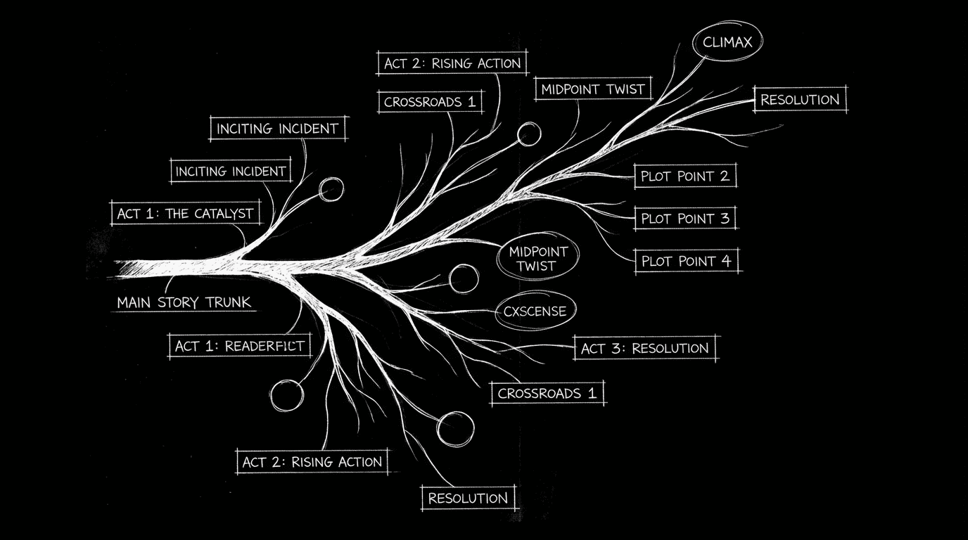 Dark mode technical sketch of a narrative tree: one trunk splitting into multiple branches and nodes, thin white lines on black