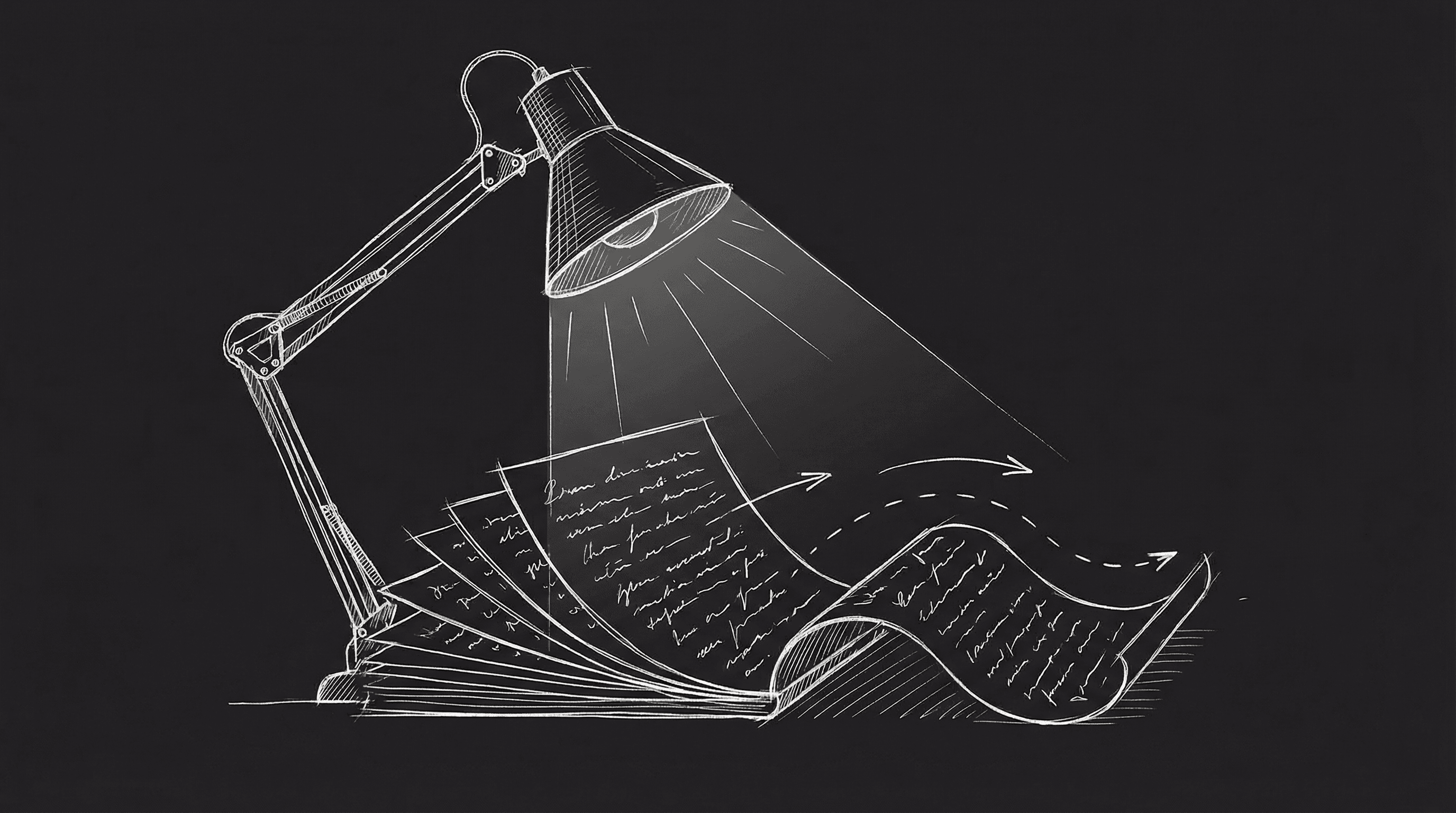 Writer in flow: single lamp, pages piling up