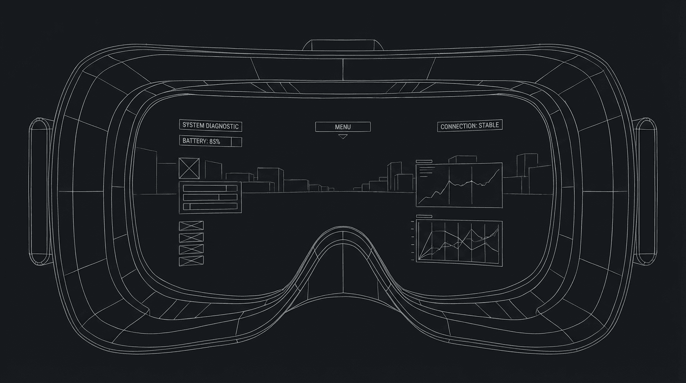 VR headset POV; floating UI; dark mode technical sketch
