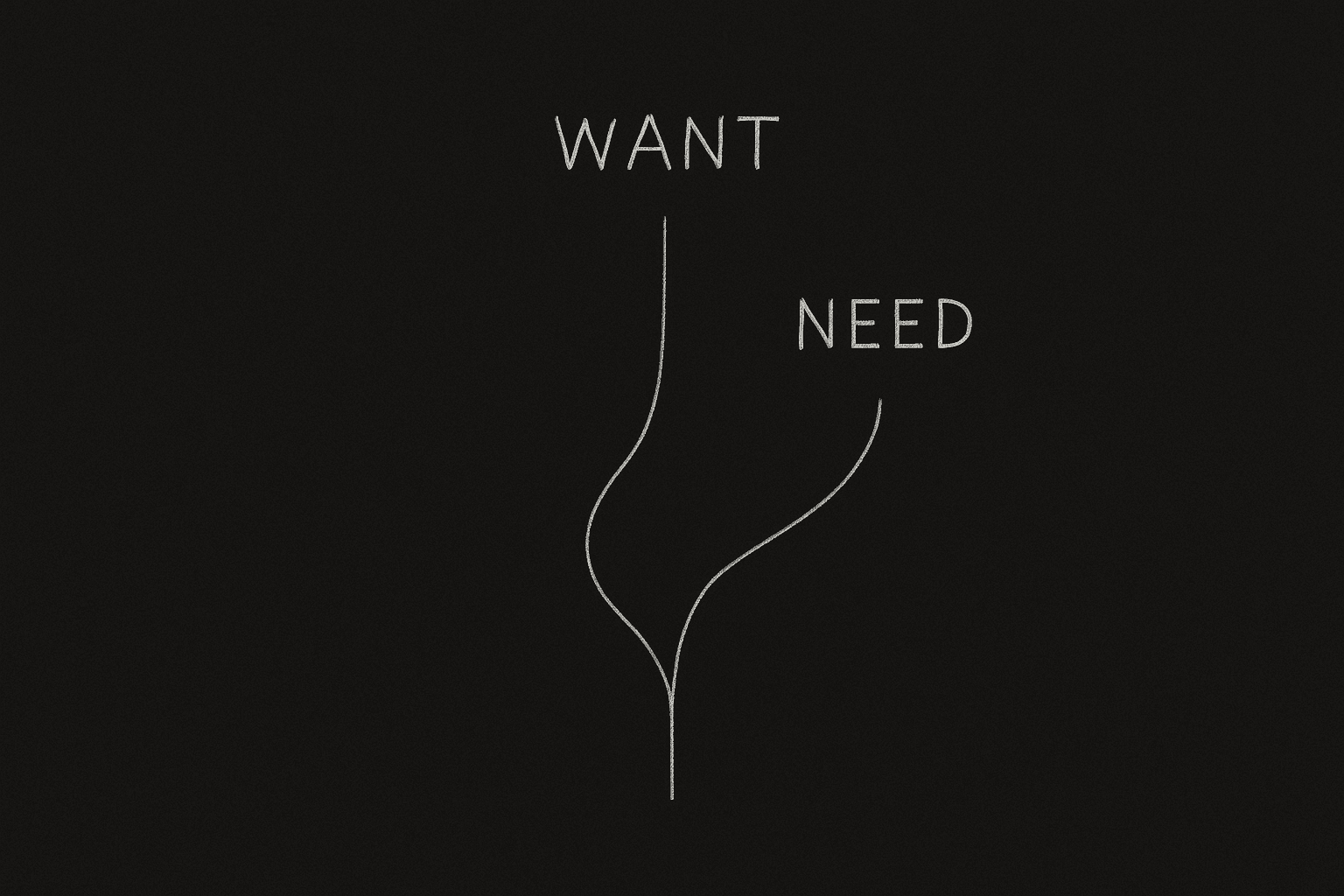 Character at a fork: one path labeled "want," one "need"; dark mode technical sketch