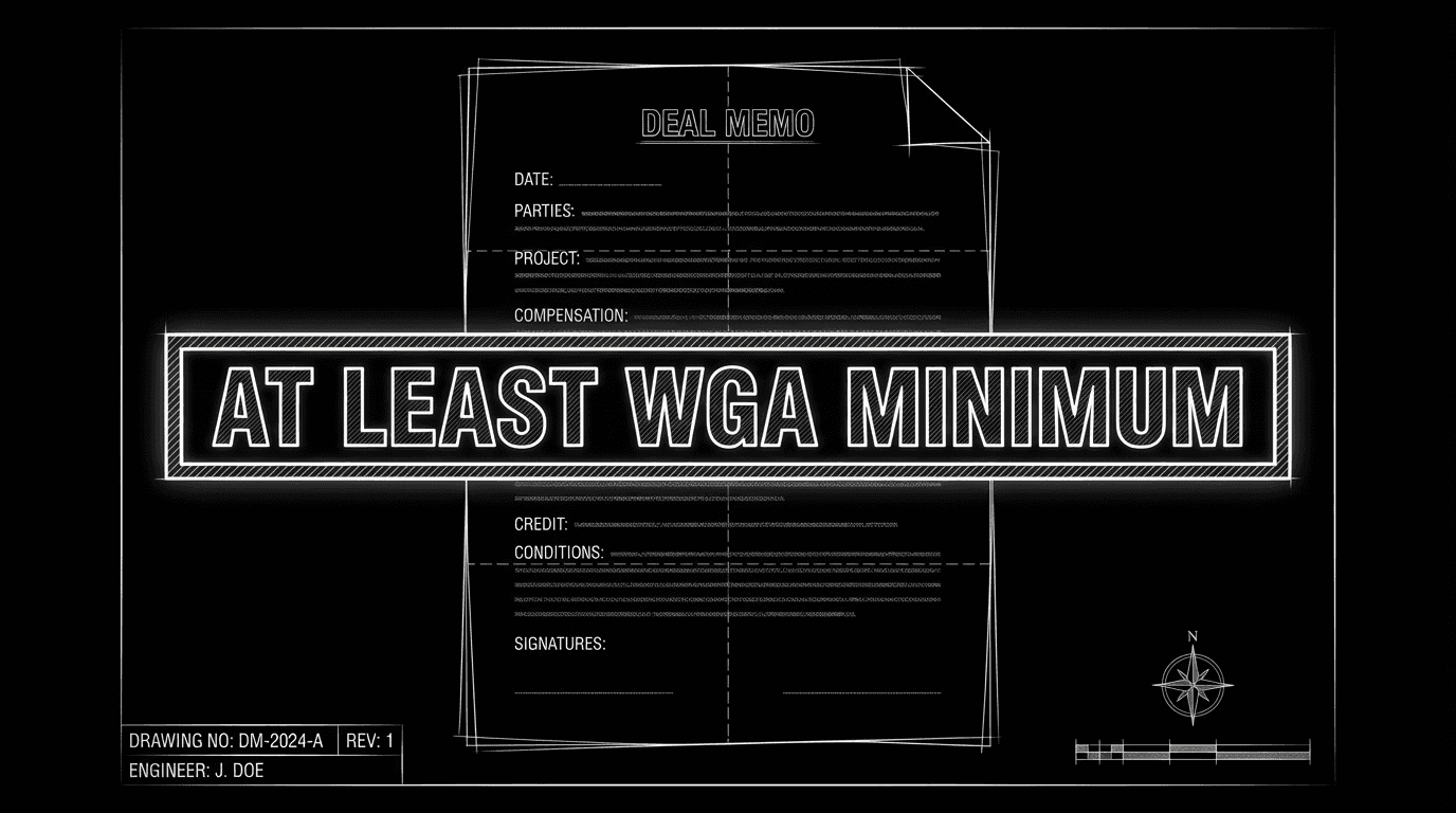 Deal memo with "at least WGA minimum" clause; dark mode technical sketch