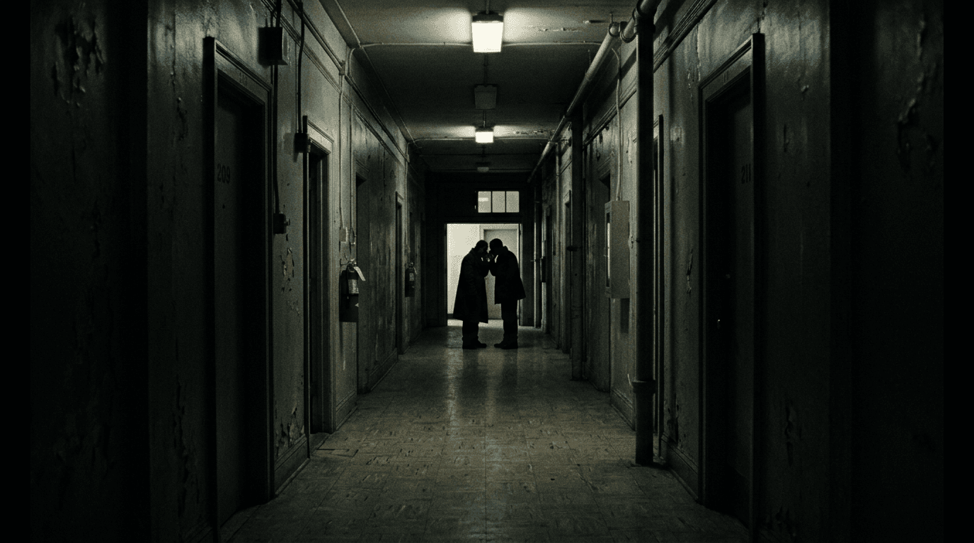 Figures whispering at corridor end; cinematic film still