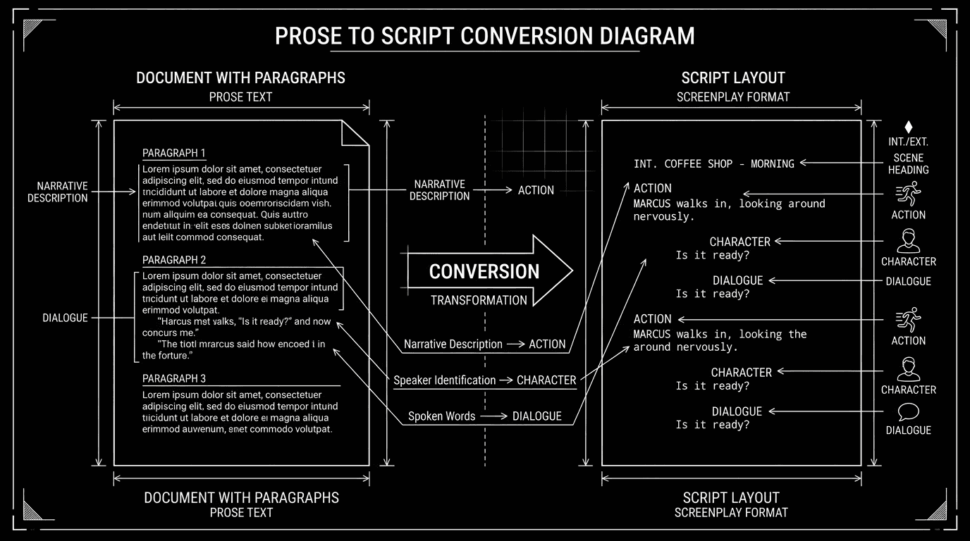 Dark mode technical sketch: Doc on left, screenwriting app on right; arrow between them; element labels