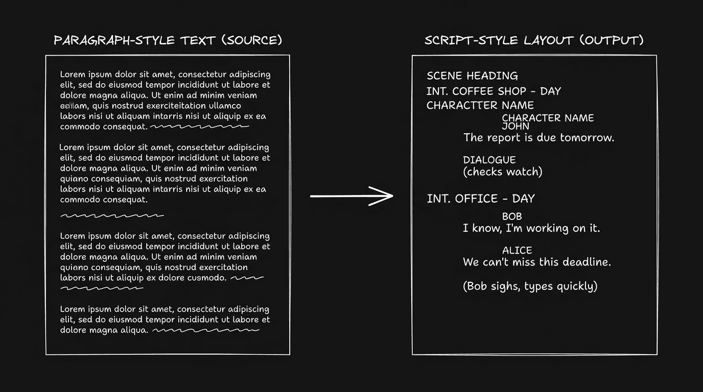 Dark mode technical sketch: document transforming from prose blocks into script format—scene headings, dialogue; thin white lines on black