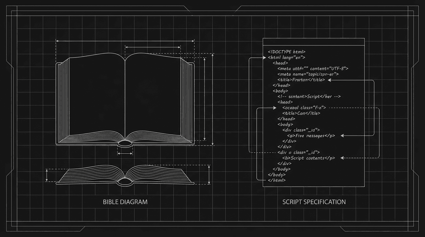 Bible and script side by side; dark mode technical sketch