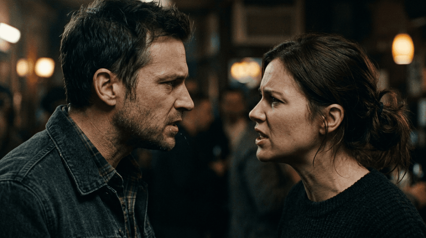 Close profiles in conflict; cinematic film still