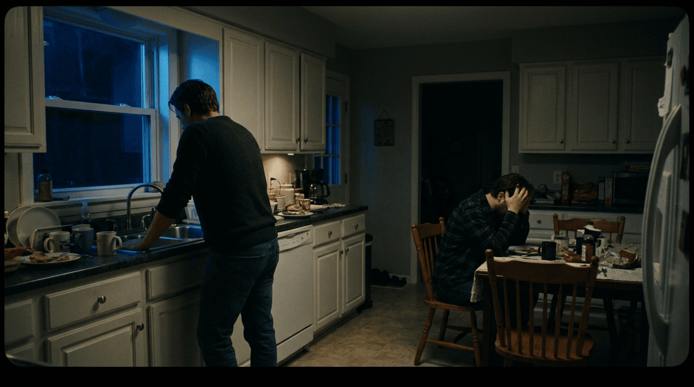 Aftermath in quiet kitchen; cinematic film still