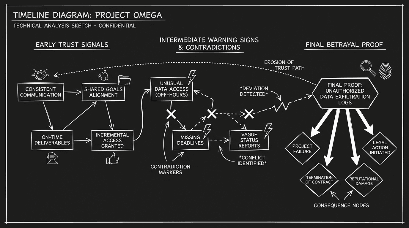 Dark mode technical sketch of timeline board connecting early trust signals to final betrayal proof