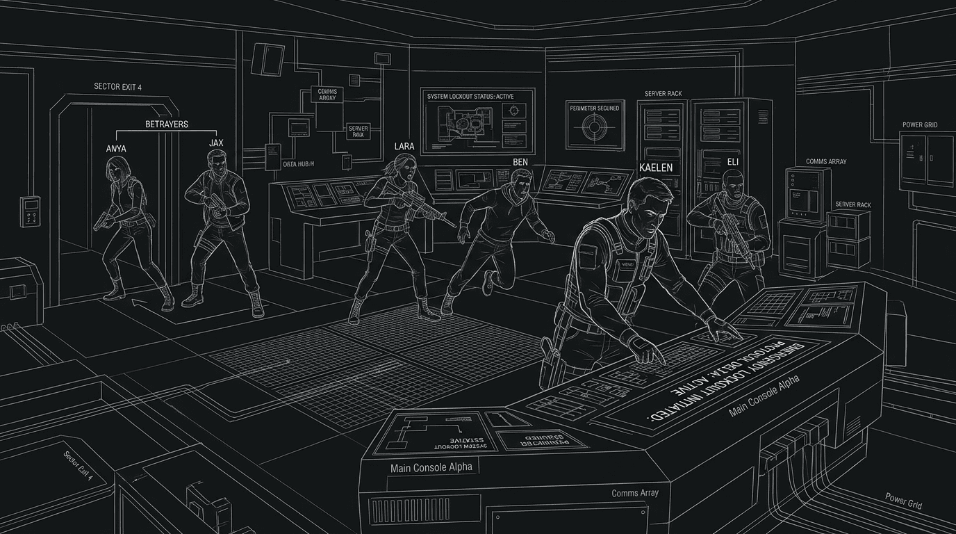 Dark mode technical sketch of protagonist locking down access after betrayal reveal while team fractures