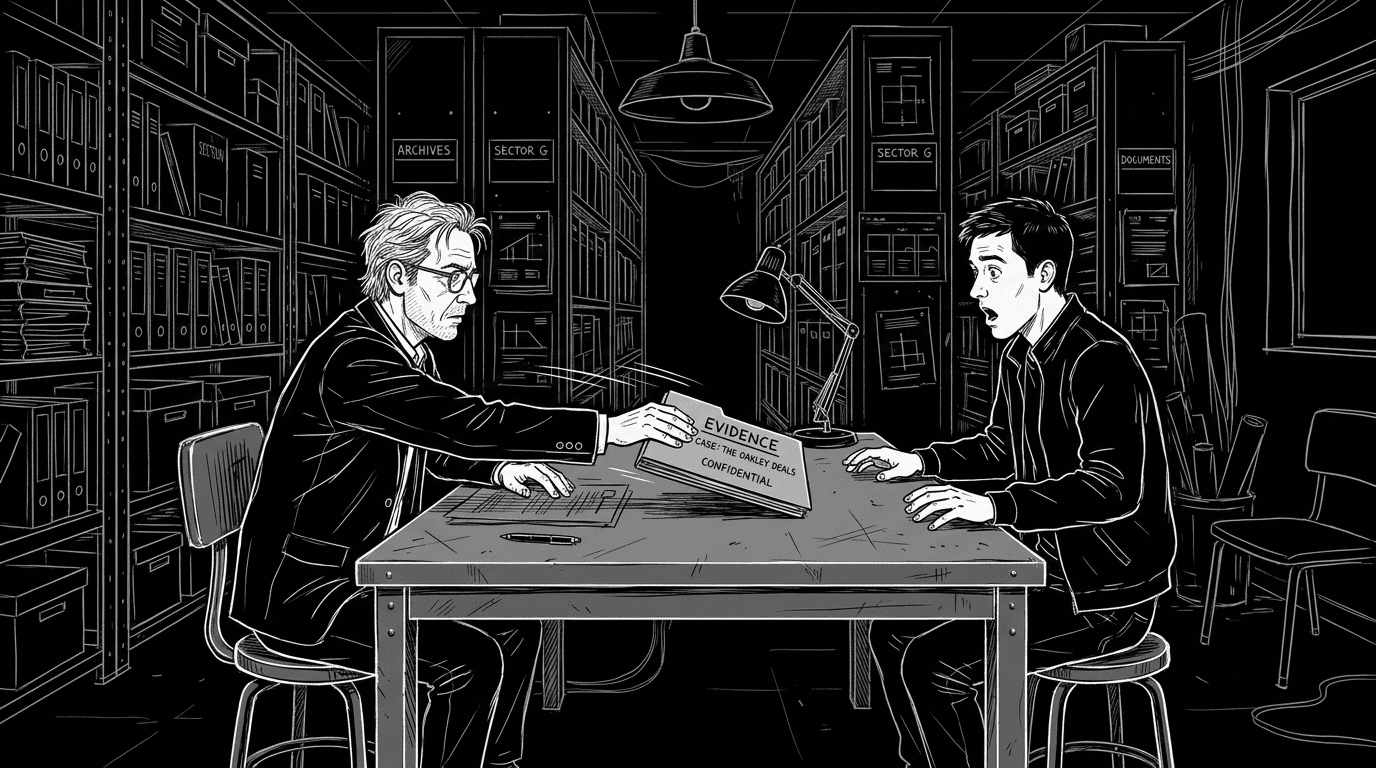 Dark mode technical sketch of two characters confronting betrayal evidence across a table