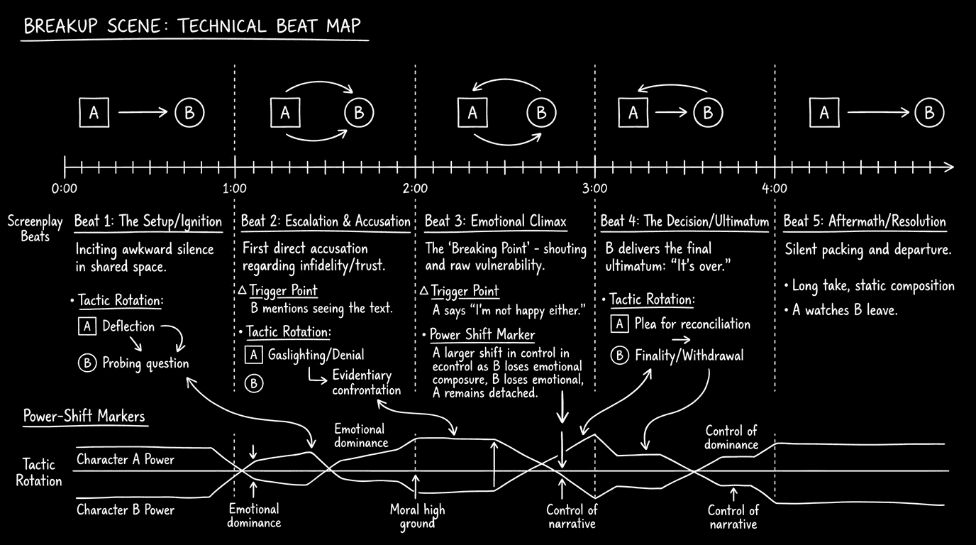 Dark mode technical sketch of a breakup scene beat map showing shifting power markers and trigger points
