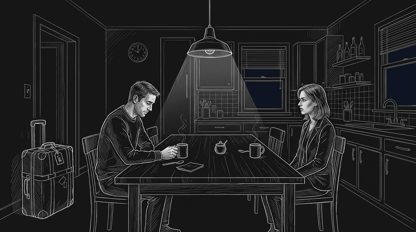 Dark mode technical sketch of two characters at opposite ends of a table after a breakup