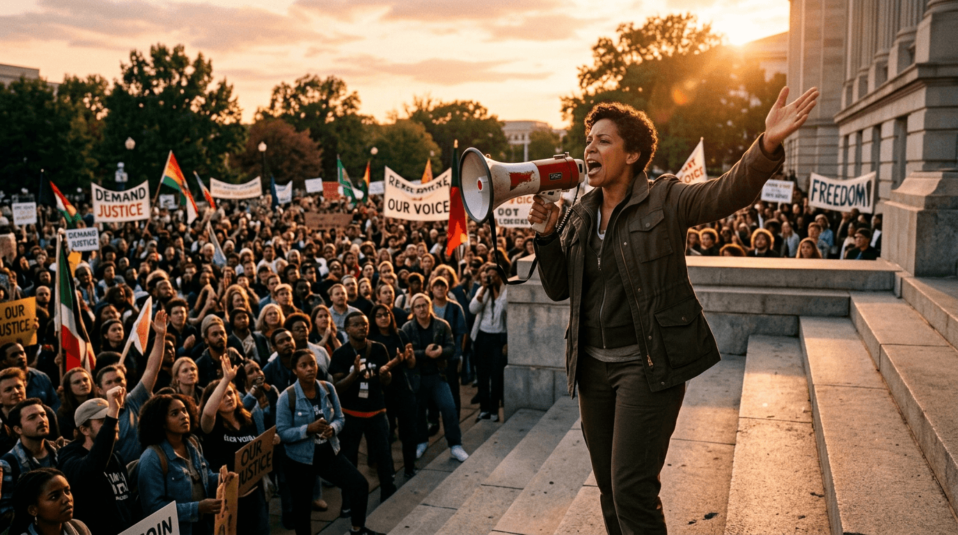 Leader with megaphone; cinematic film still