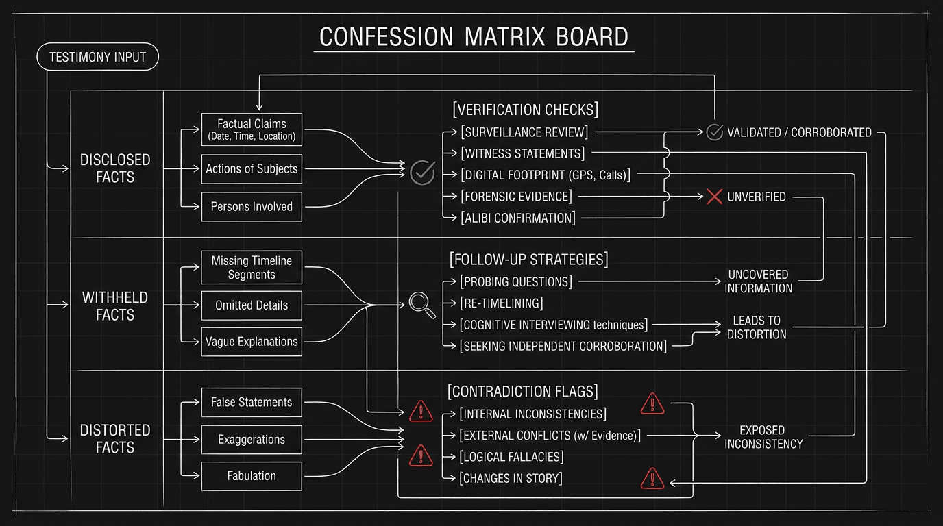 Dark mode technical sketch of confession matrix mapping disclosed, withheld, and distorted facts against verification checks