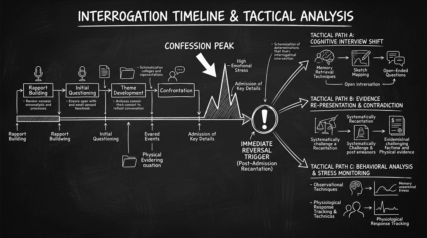 Dark mode technical sketch of interrogation timeline showing confession peak and immediate reversal trigger