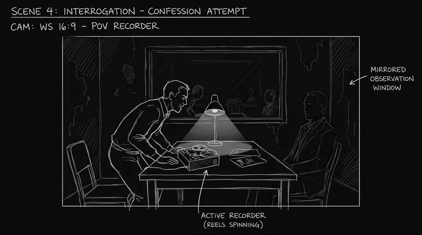 Dark mode technical sketch of a suspect confessing into a recorder during interrogation