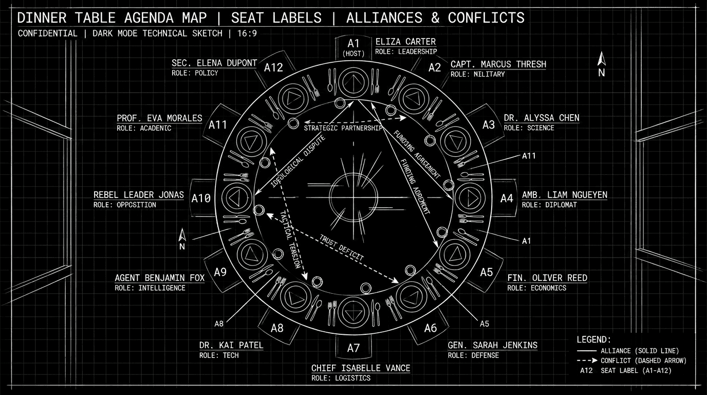 Dark mode technical sketch of dinner table with seat-by-seat agenda map and alliance lines