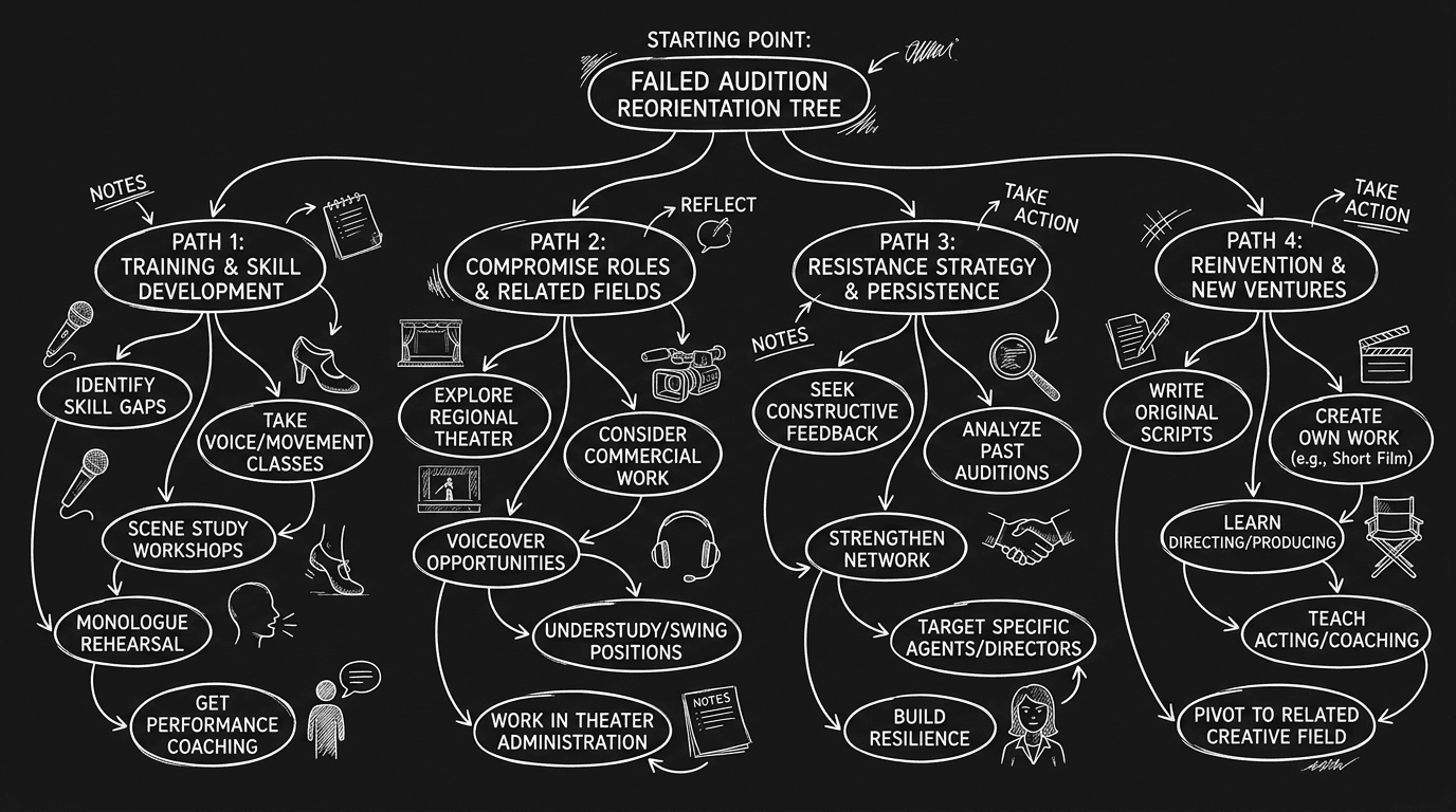 Dark mode technical sketch of post-audition reorientation tree showing training, compromise, resistance, and reinvention paths