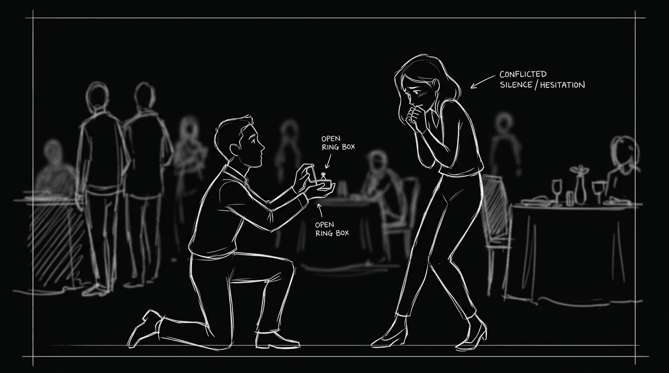Dark mode technical sketch of a proposal moment freezing as one partner steps back in conflicted silence