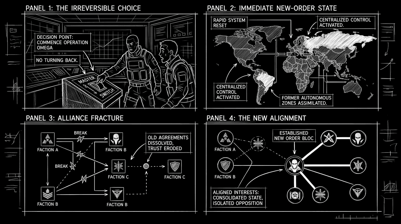 Dark mode technical sketch sequence showing irreversible confrontation choice followed by immediate new-order state