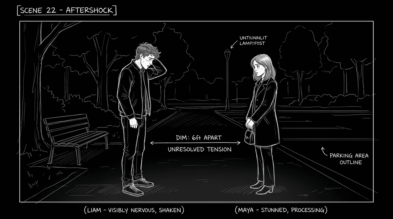 Dark mode technical sketch of two characters after a first kiss, standing apart with new emotional distance and unresolved tension