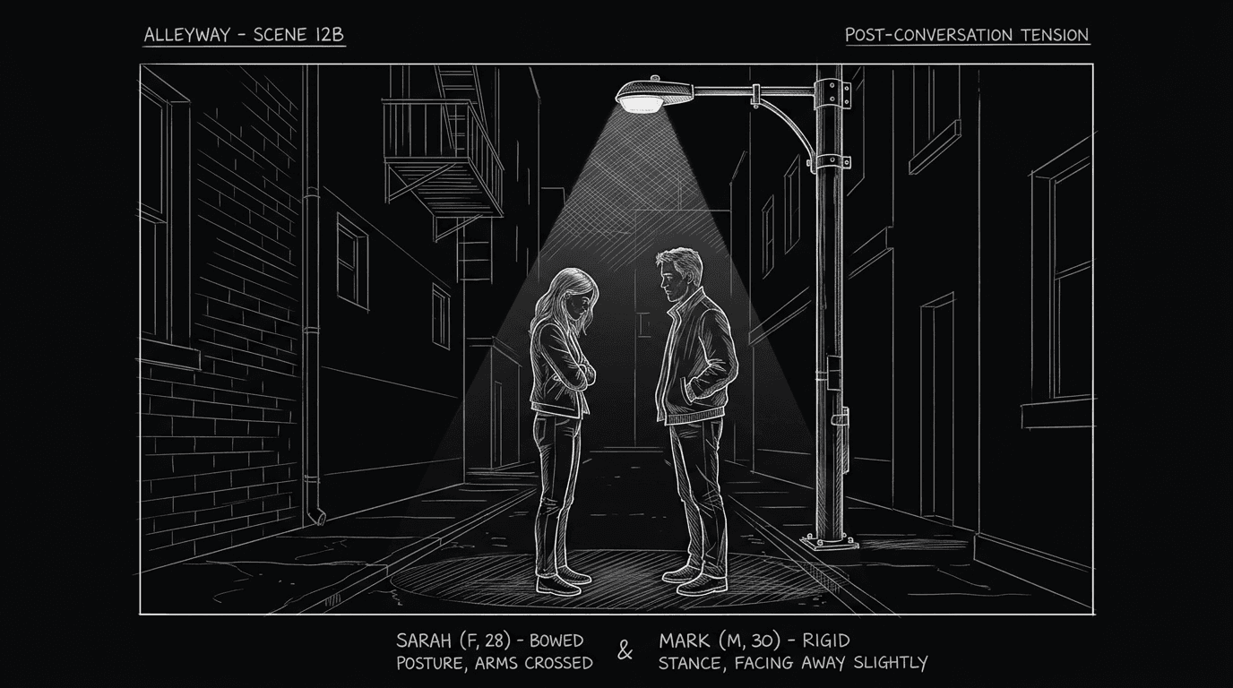 Dark mode technical sketch of two characters pausing inches apart before a first kiss