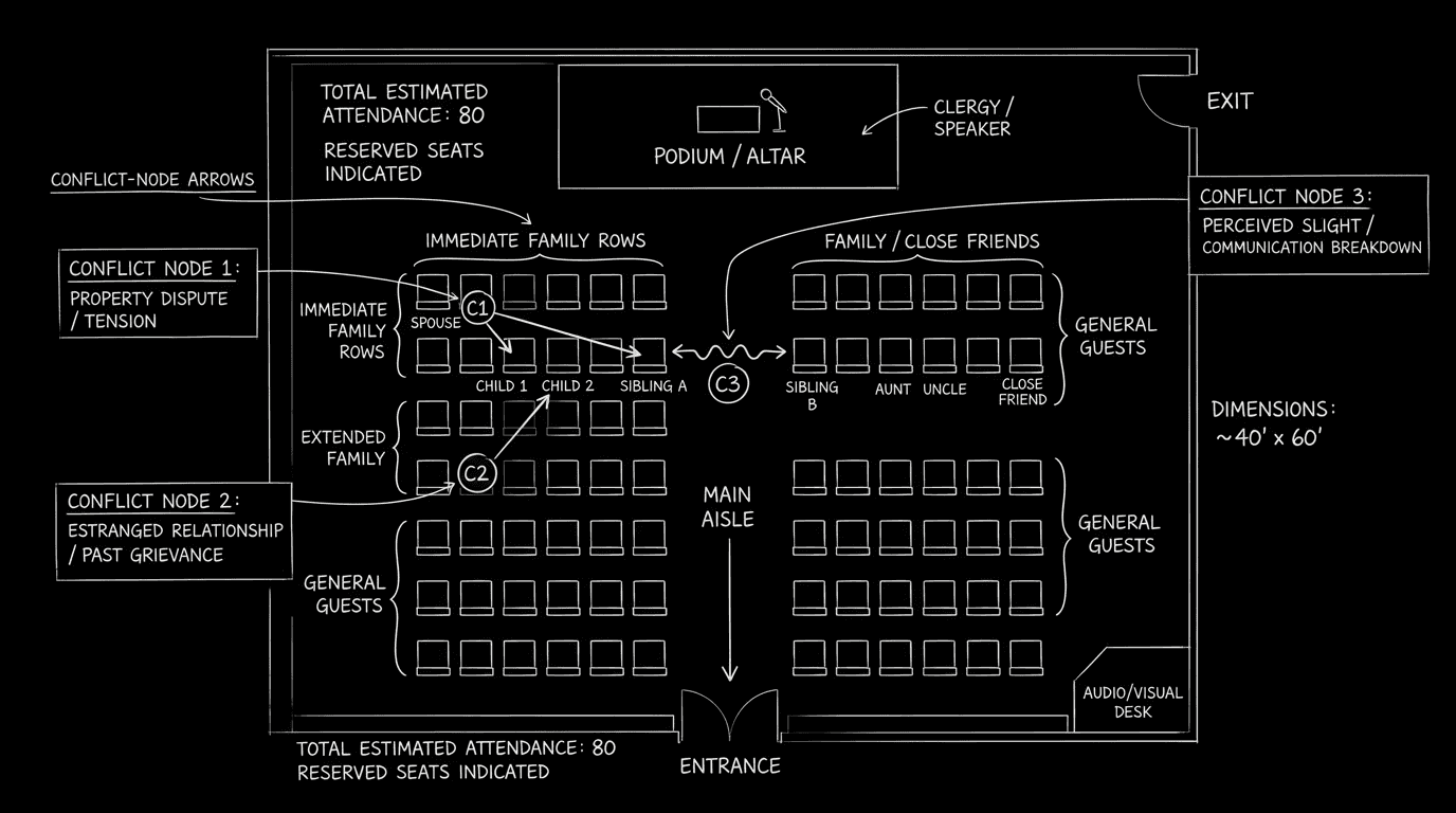 Dark mode technical sketch showing funeral seating map, hierarchy arrows, and conflict nodes