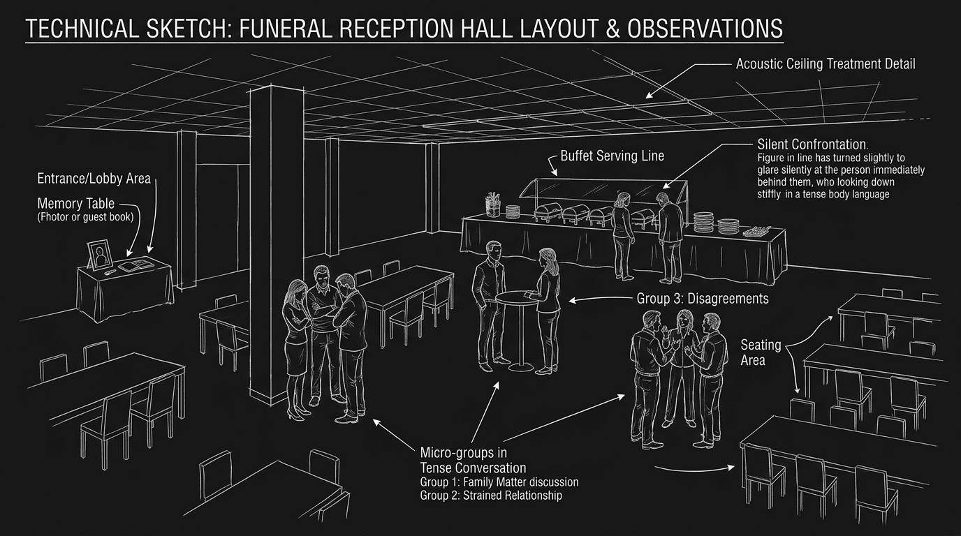 Dark mode technical sketch of funeral reception hall with clashing micro-groups and silent confrontation at buffet line