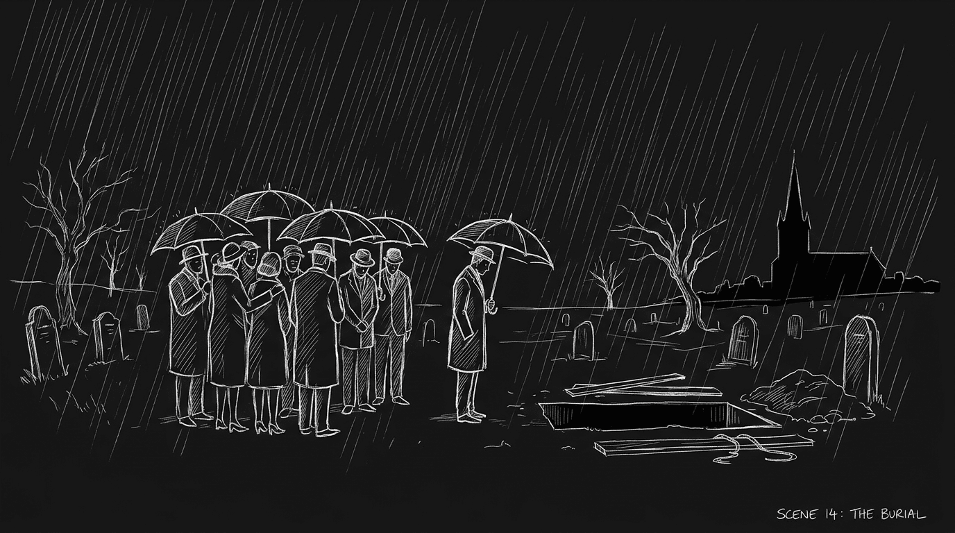 Dark mode technical sketch of mourners gathered beside a grave under umbrellas