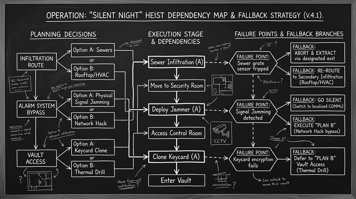 Dark mode technical sketch of dependency map linking planning decisions to execution failure points