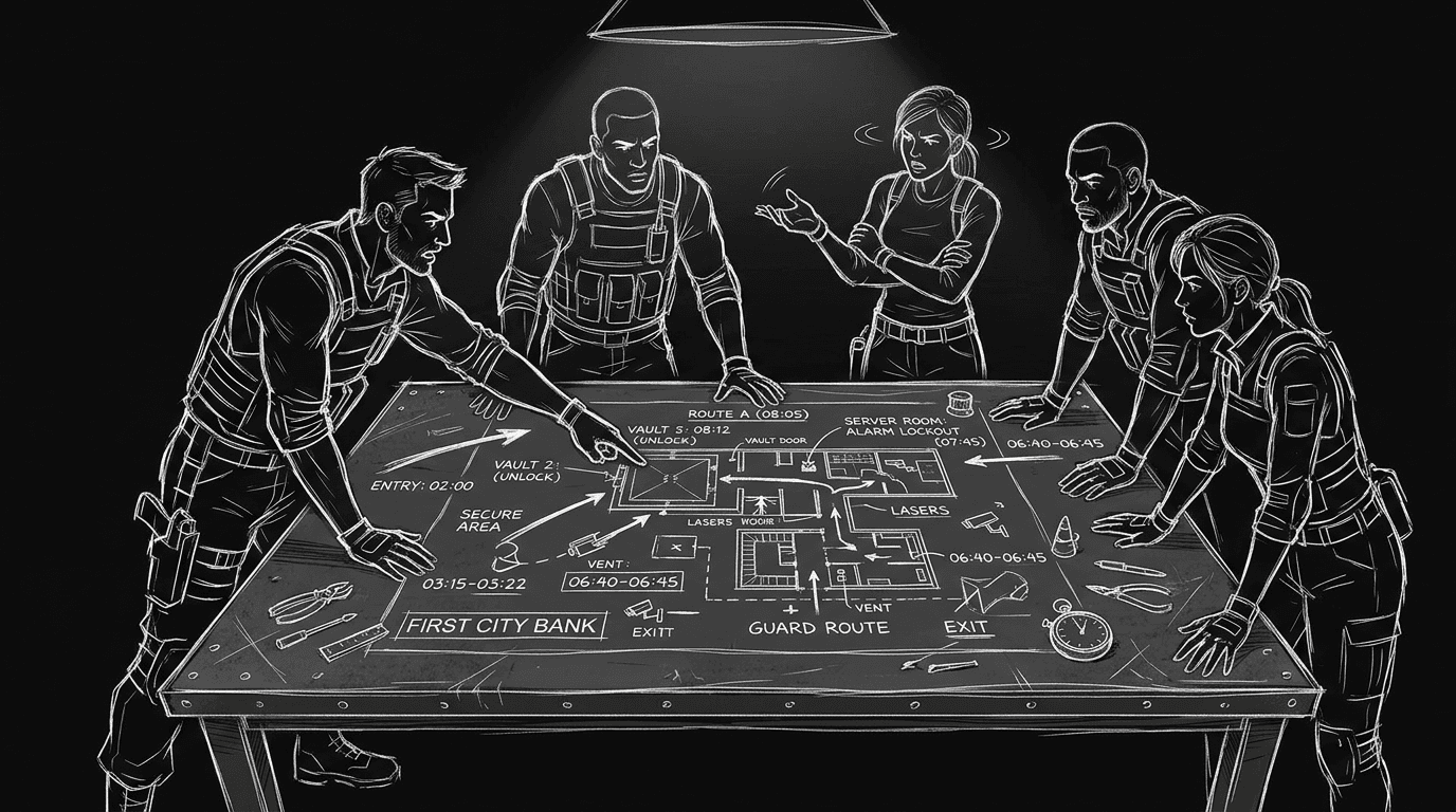 Dark mode technical sketch of a heist crew around a table with plan routes and conflict points