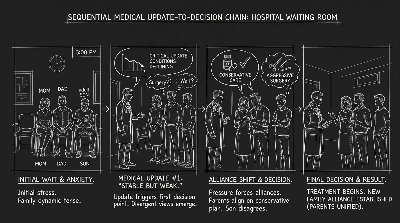 Dark mode technical sketch sequence where hospital updates trigger escalating decisions among family members