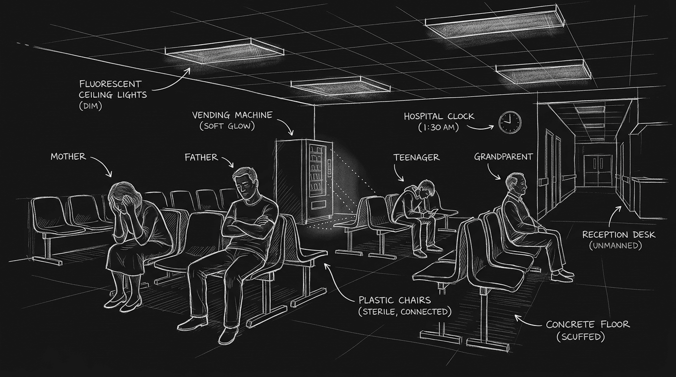 Dark mode technical sketch of family members in a hospital waiting room under fluorescent light with different emotional stakes