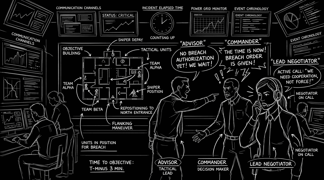 Dark mode technical sketch of command center disagreement while negotiator maintains call and team shifts positions