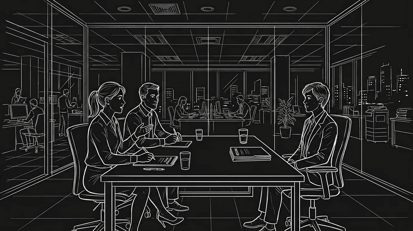 Dark mode technical sketch of a candidate facing two interviewers across a desk