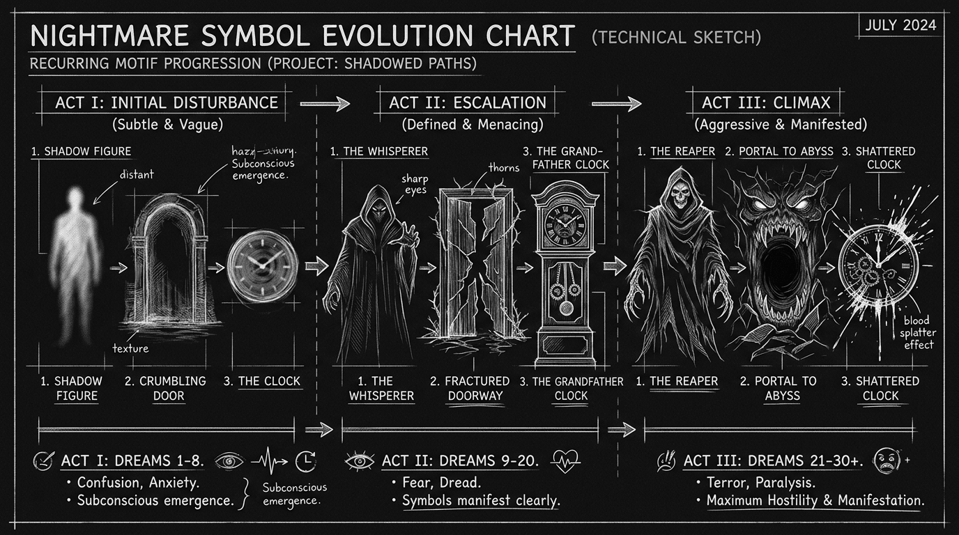 Dark mode technical sketch of recurring nightmare motifs evolving across three acts with increasing clarity and threat relevance