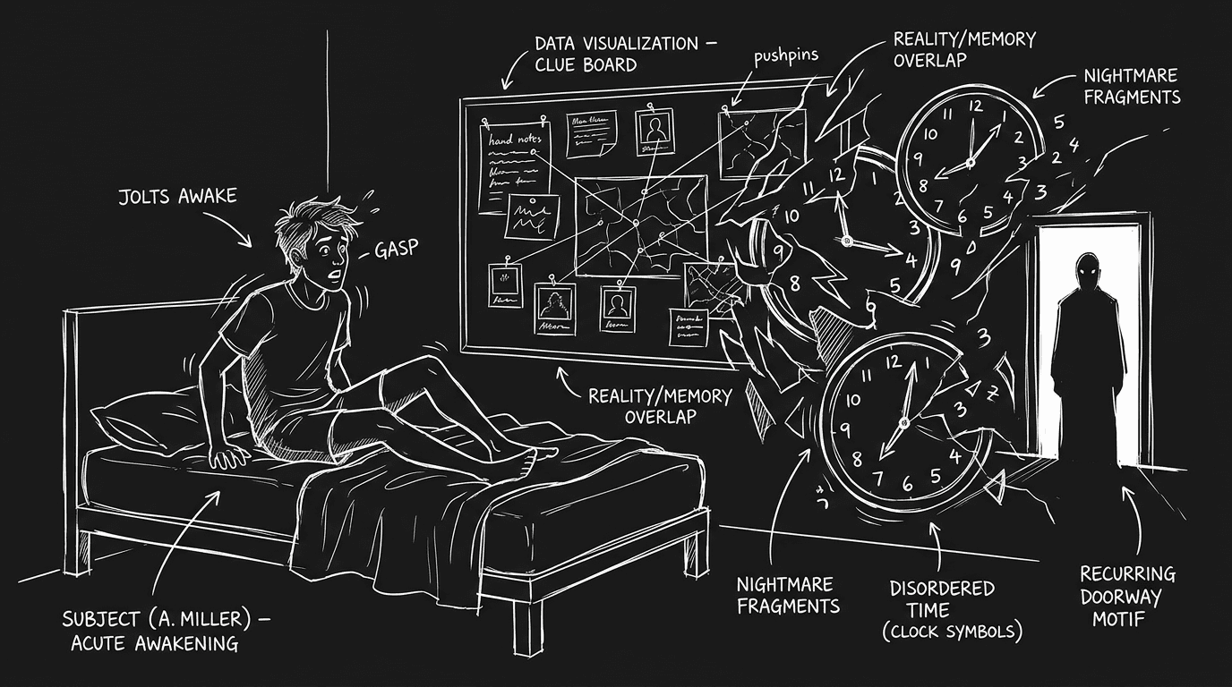 Dark mode technical sketch of a character jolting awake as dream fragments overlap real clues