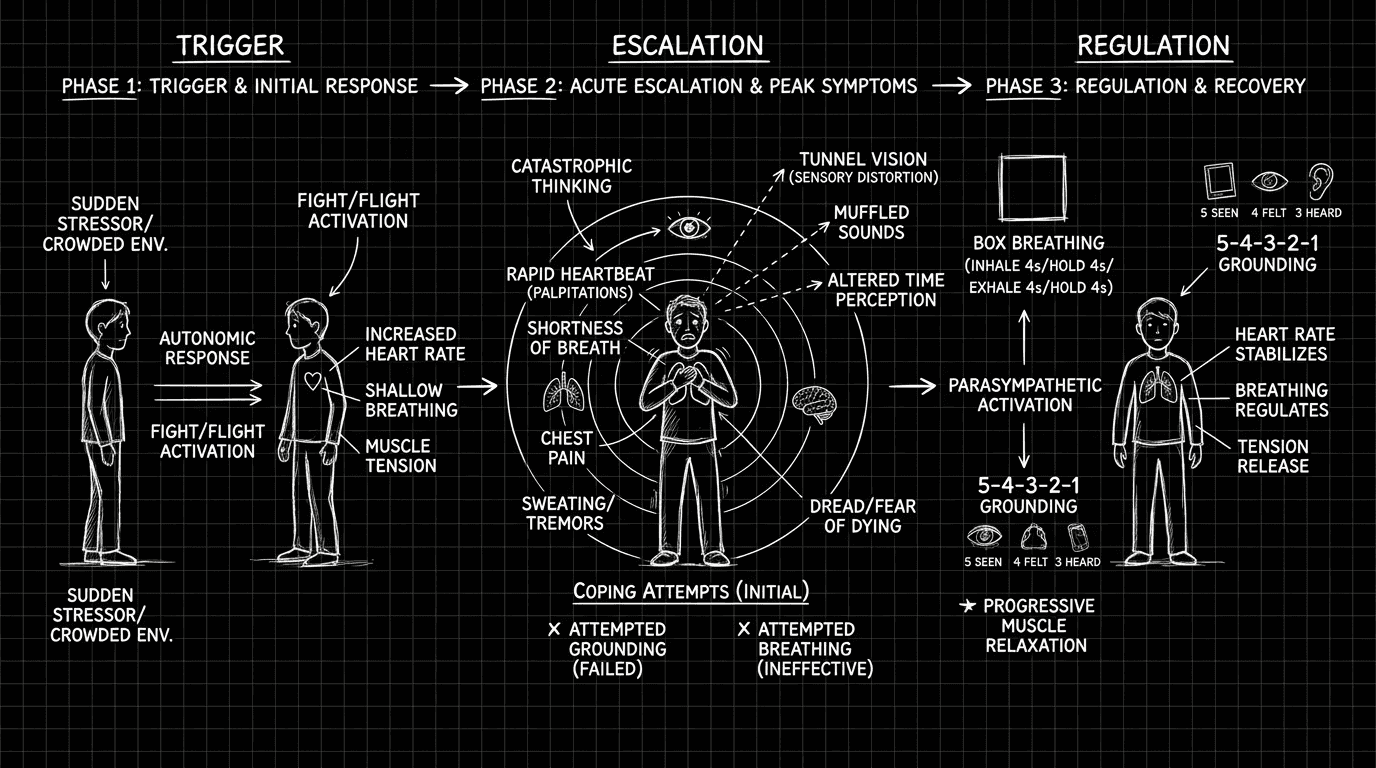 Dark mode technical sketch of panic attack phase map from trigger through regulation with sensory distortion indicators