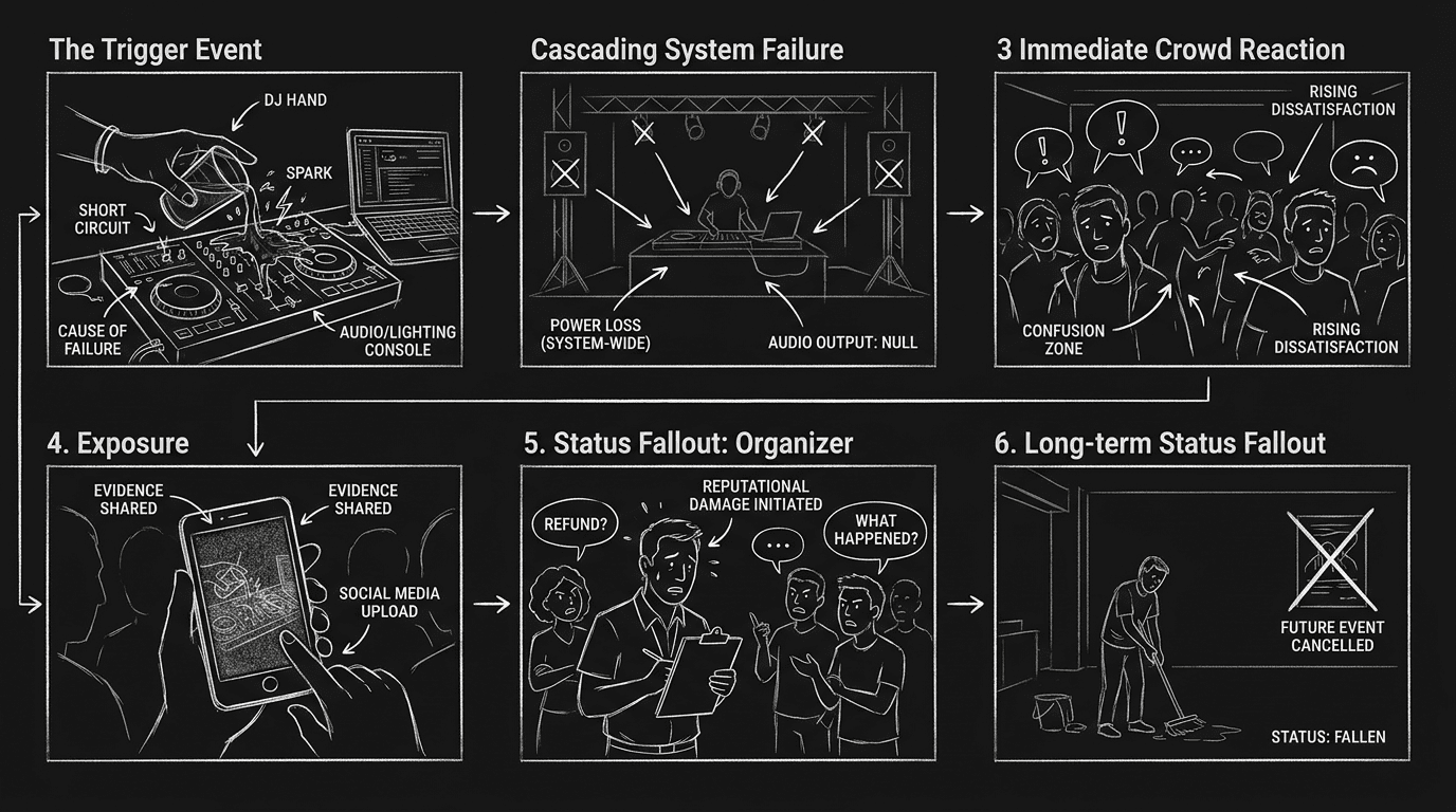Dark mode technical sketch sequence showing party trigger event cascading into exposure and status fallout