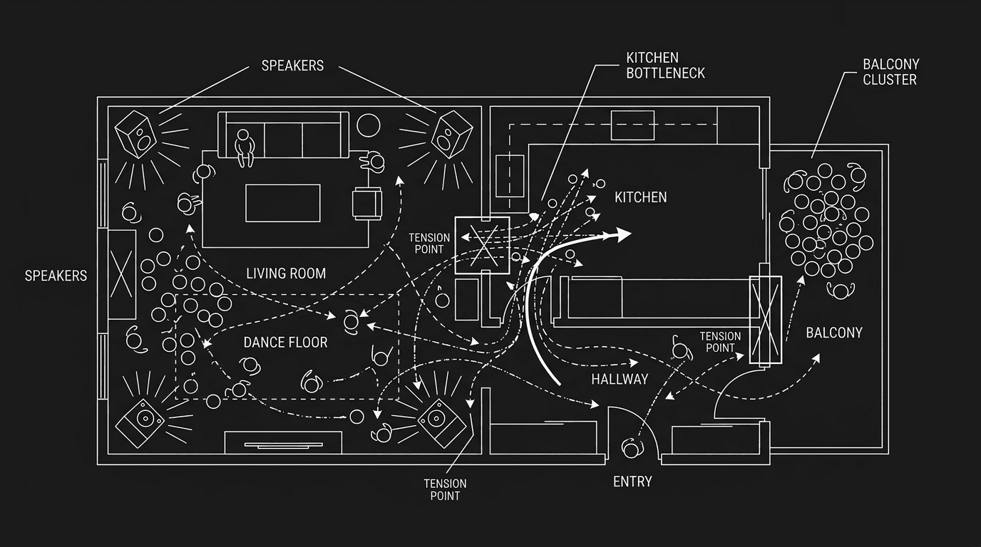 Dark mode technical sketch of a crowded party with intersecting character paths and hidden tension points