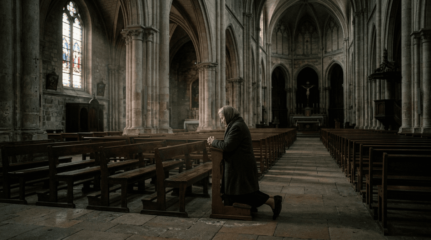 Cinematic 35mm film still: figure kneeling in church light