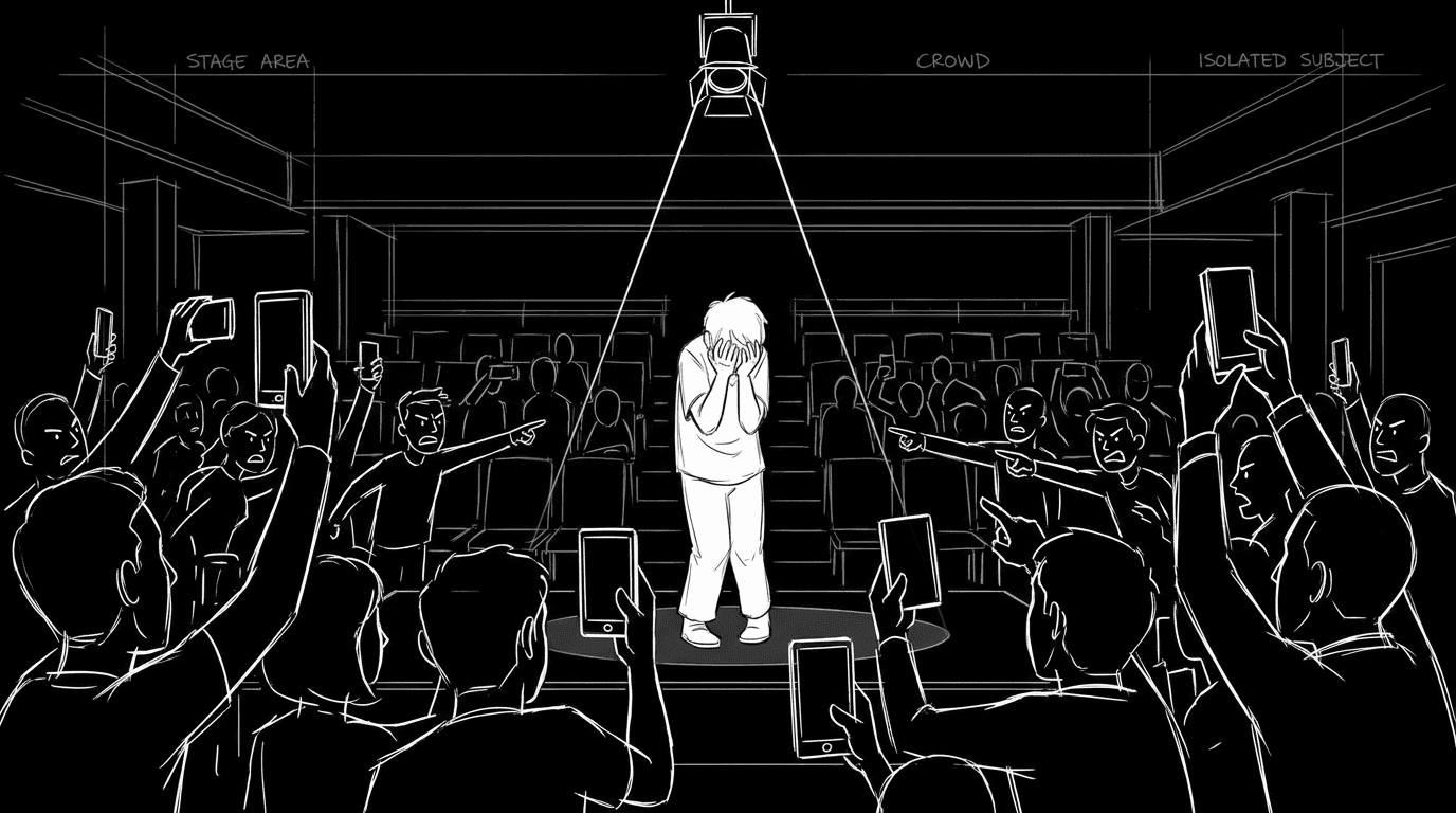 Dark mode technical sketch of a character exposed in front of a crowd as social status collapses