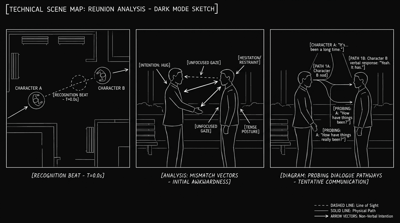 Dark mode technical sketch of reunion scene map showing recognition beat, mismatch vectors, and probing dialogue pathways