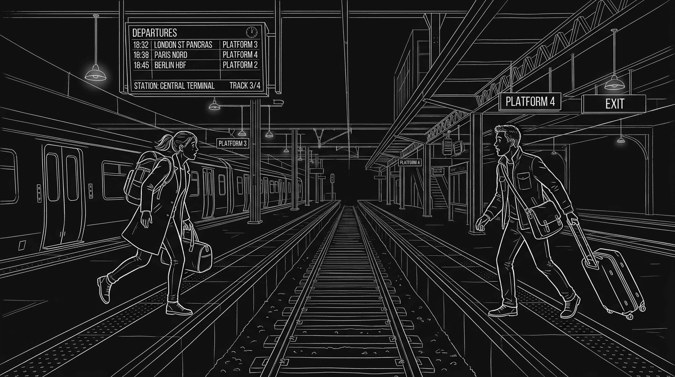 Dark mode technical sketch of two people seeing each other again on a train platform after years apart