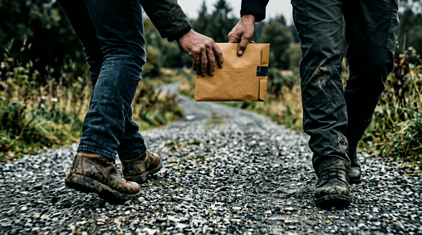 Boots and envelope exchange; cinematic film still